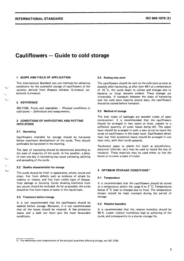 ISO 949:1978 - Cauliflowers -- Guide to cold storage