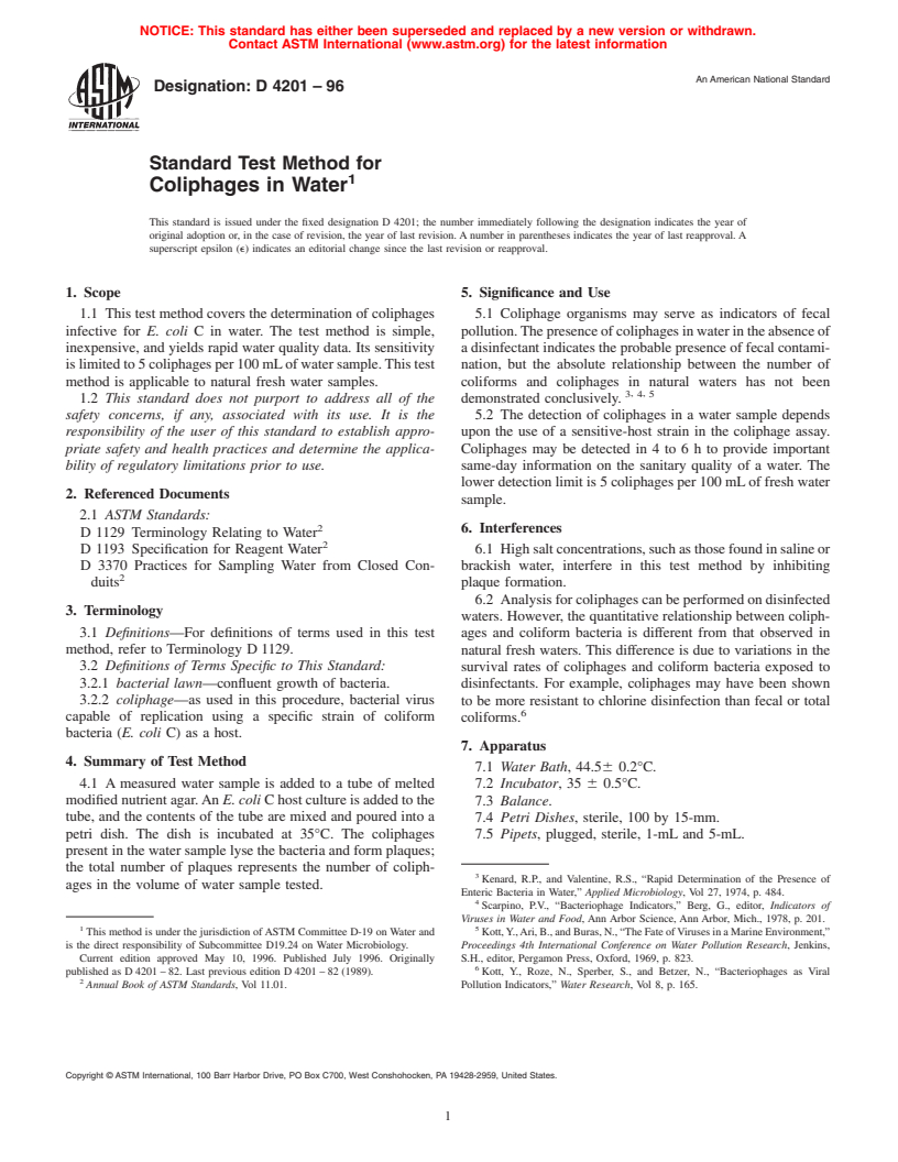 ASTM D4201-96 - Standard Test Method for Coliphages in Water (Withdrawn 2005)