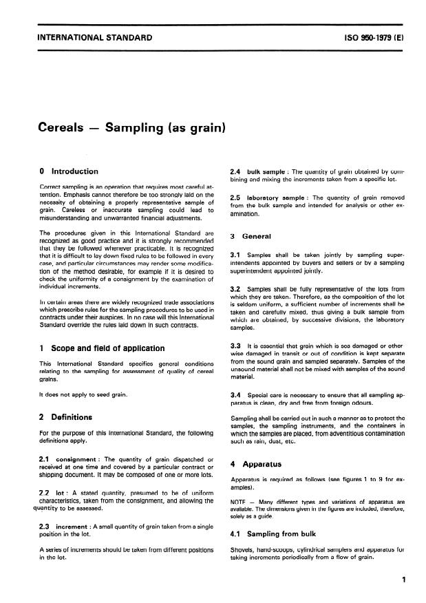 ISO 950:1979 - Cereals -- Sampling (as grain)