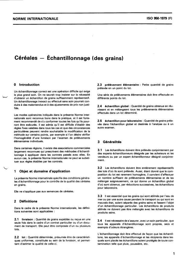 ISO 950:1979 - Céréales -- Échantillonnage (des grains)