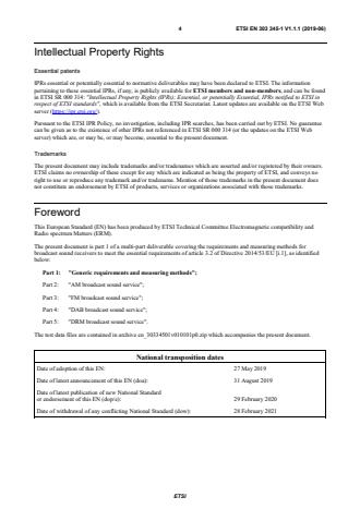 SIST EN 303 345-1 V1.1.1:2019 ETSI EN 303 345-1 V1.1.1 (2019-06) - Broadcast Sound Receivers; Part 1: Generic requirements and measuring methods - Page 4 preview