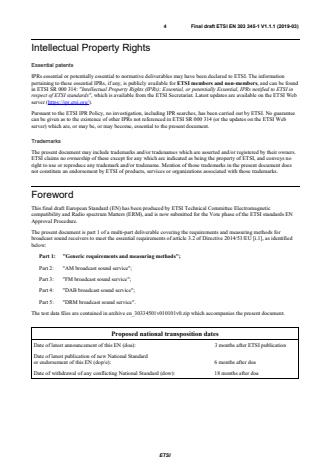 SIST EN 303 345-1 V1.1.1:2019 ETSI EN 303 345-1 V1.1.1 (2019-03) - Broadcast Sound Receivers; Part 1: Generic requirements and measuring methods - Page 4 preview