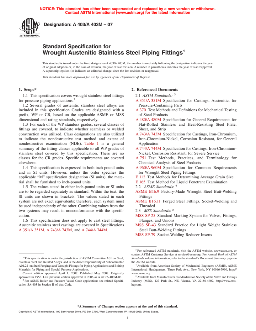 ASTM A403/A403M-07 - Standard Specification for Wrought Austenitic Stainless Steel Piping Fittings