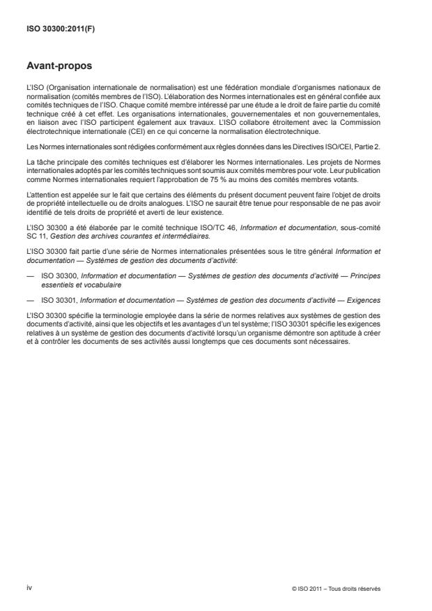 ISO 30300:2011 ISO 30300:2011 - Information et documentation -- Systemes de gestion des documents d'activité -- Principes essentiels et vocabulaire - Page 4 preview