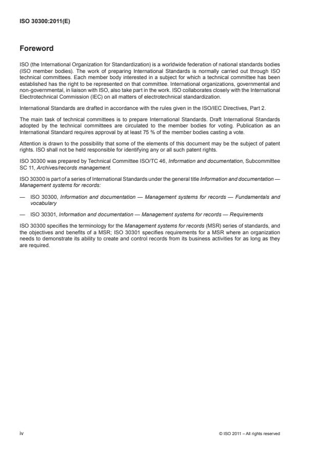 ISO 30300:2011 ISO 30300:2011 - Information and documentation -- Management systems for records -- Fundamentals and vocabulary - Page 4 preview