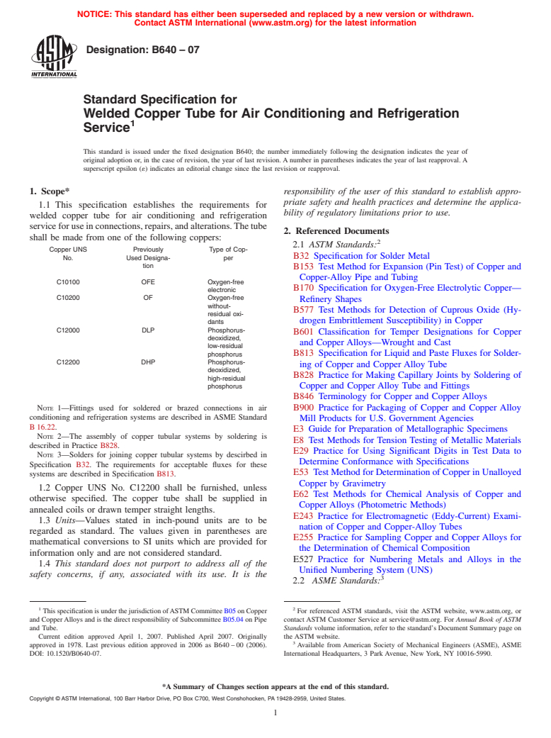 ASTM B640-07 - Standard Specification for Welded Copper Tube for Air Conditioning and Refrigeration Service