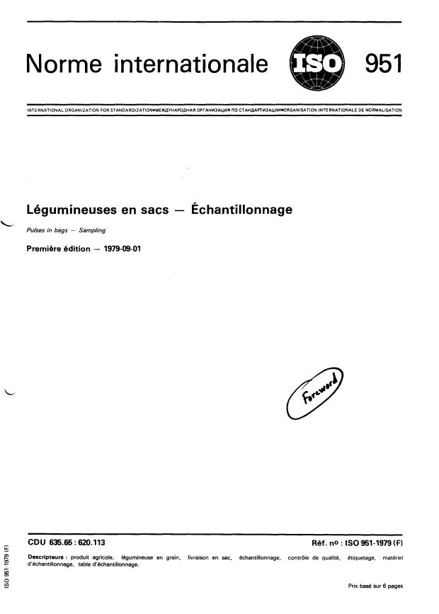 ISO 951:1979 - Légumineuses en sacs -- Échantillonnage