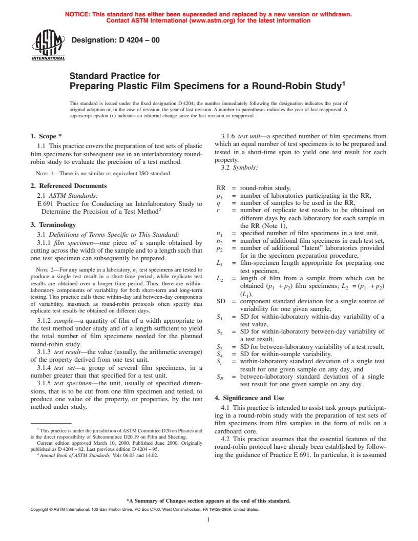 ASTM D4204-00 - Standard Practice for Preparing Plastic Film Specimens for a Round-Robin Study