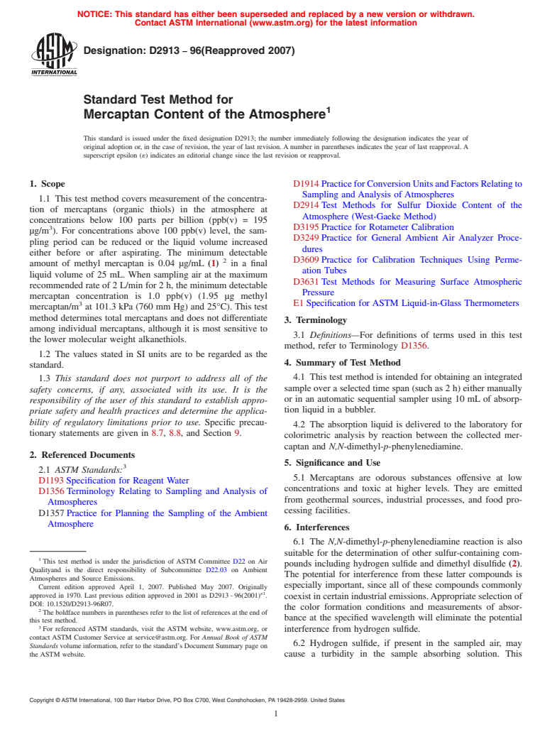 ASTM D2913-96(2007) - Standard Test Method for Mercaptan Content of the Atmosphere