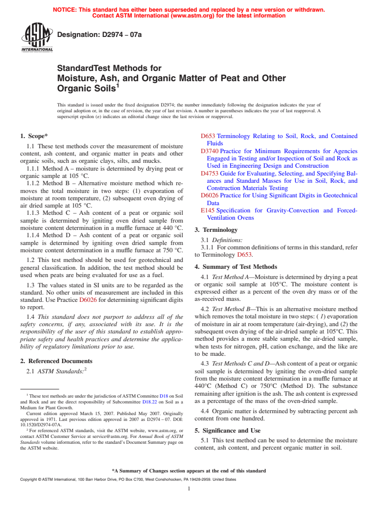 ASTM D2974-07a - Standard Test Methods for Moisture, Ash, and Organic Matter of Peat and Other Organic Soils