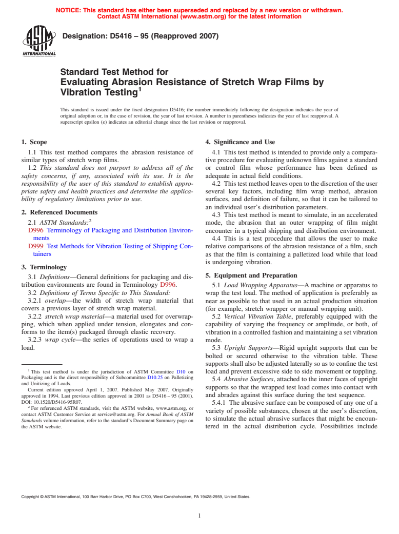 ASTM D5416-95(2007) - Standard Test Method for Evaluating Abrasion Resistance of Stretch Wrap Films by Vibration Testing