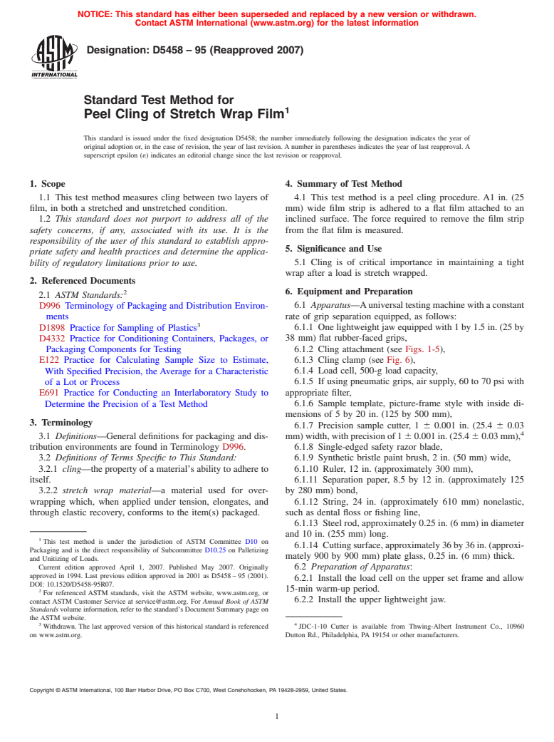 ASTM D5458-95(2007) - Standard Test Method for Peel Cling of Stretch Wrap Film