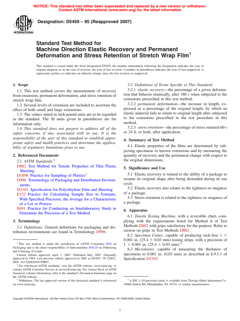 ASTM D5459-95(2007) - Standard Test Method for Machine Direction Elastic Recovery and Permanent Deformation and Stress Retention of Stretch Wrap Film