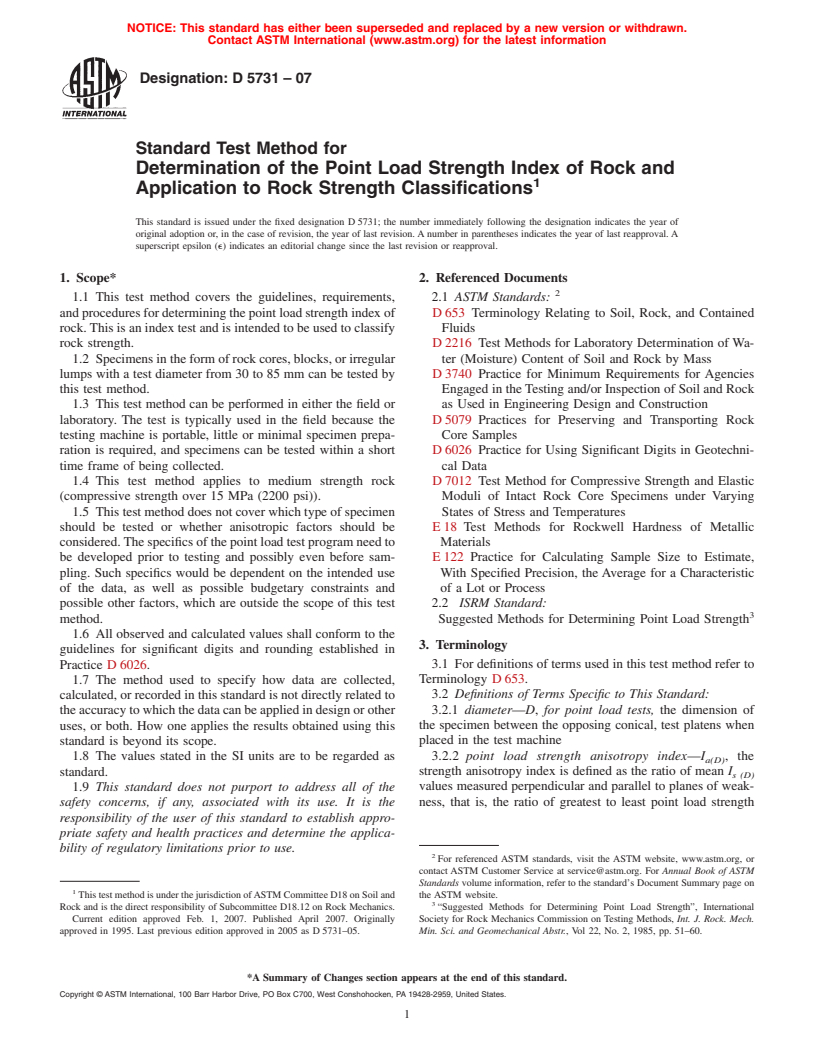 ASTM D5731-07 - Standard Test Method for Determination of the Point Load Strength Index of Rock and Application to Rock Strength Classifications