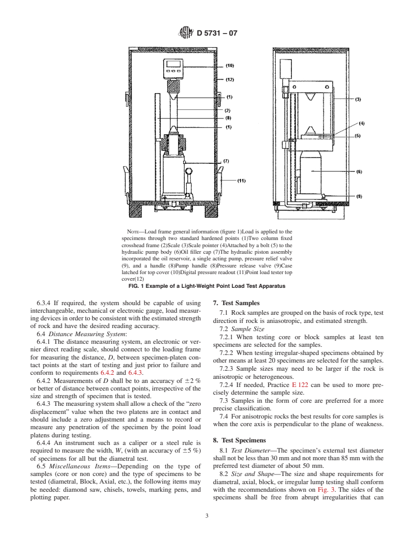 ASTM D5731-07 - Standard Test Method for Determination of the Point Load Strength Index of Rock and Application to Rock Strength Classifications