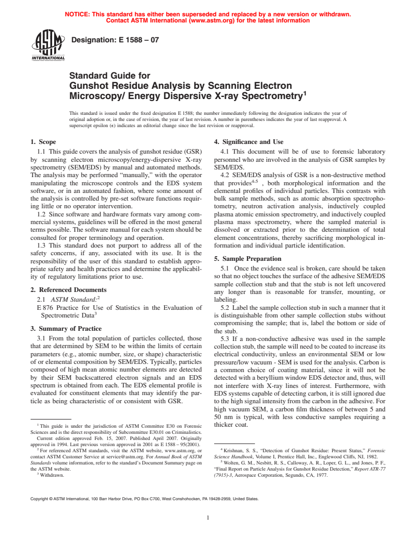 ASTM E1588-07 - Standard Guide for Gunshot Residue Analysis by Scanning Electron Microscopy/ Energy Dispersive X-ray Spectrometry