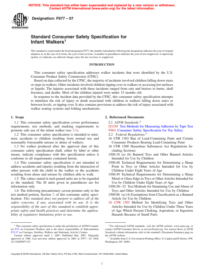 ASTM F977-07 - Standard Consumer Safety Specification for Infant Walkers