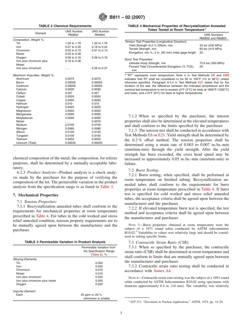 ASTM B811-02(2007) - Standard Specification for Wrought Zirconium Alloy Seamless Tubes for Nuclear Reactor Fuel Cladding