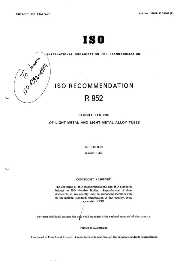 ISO/R 952:1969 - Tensile testing of light metal and light metal alloy tubes