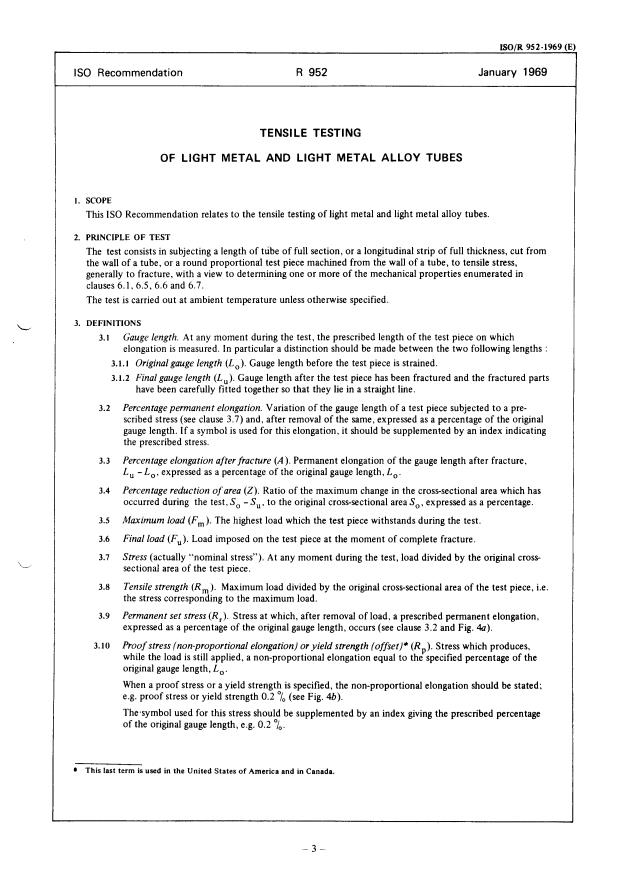 ISO/R 952:1969 - Tensile testing of light metal and light metal alloy tubes