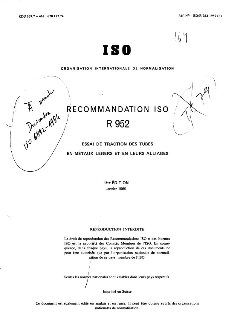 ISO/R 952:1969 - Tensile testing of light metal and light metal alloy tubes
Released:1/1/1969