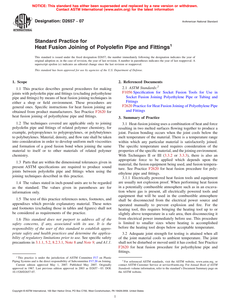 ASTM D2657-07 - Standard Practice for Heat Fusion Joining of Polyolefin Pipe and Fittings