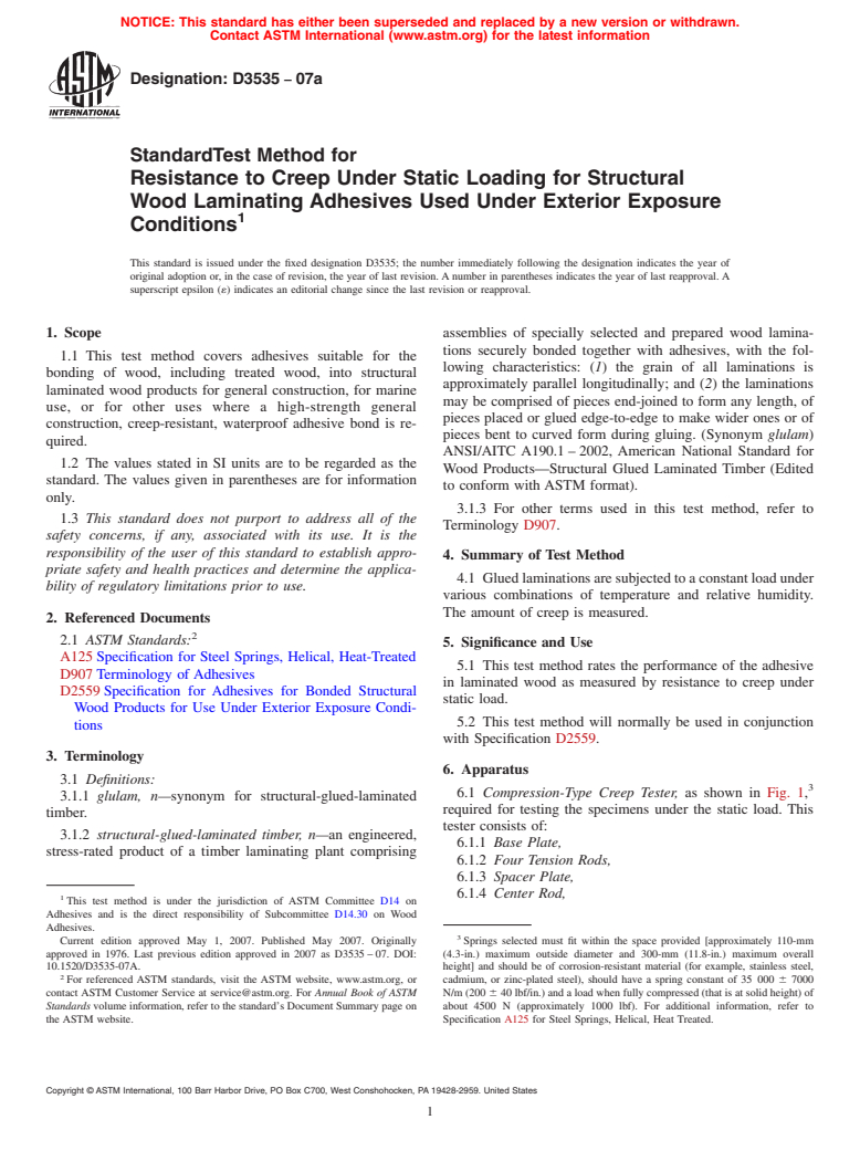 ASTM D3535-07a - Standard Test Method for Resistance to Creep Under Static Loading for Structural Wood Laminating Adhesives Used Under Exterior Exposure Conditions