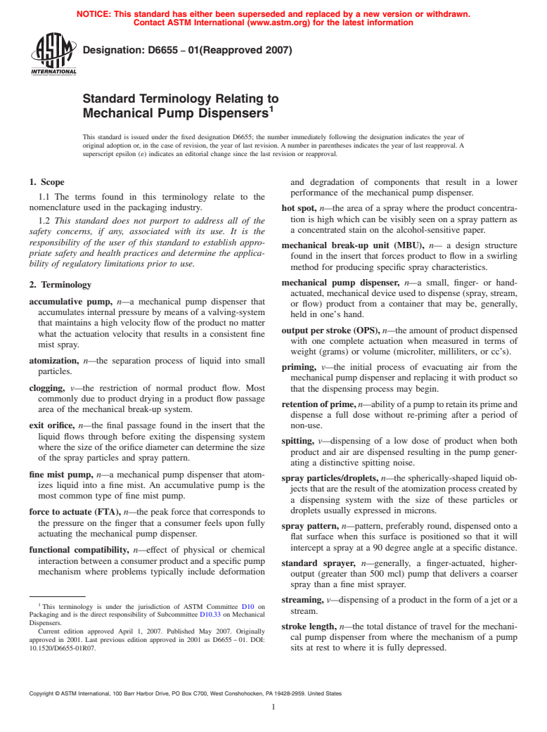 ASTM D6655-01(2007) - Standard Terminology Relating to Mechanical Pump Dispensers (Withdrawn 2016)