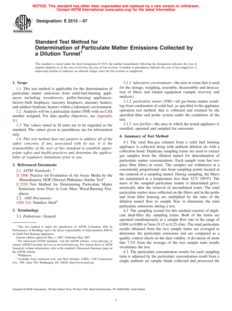 ASTM E2515-07 - Standard Test Method for Determination of Particulate Matter Emissions Collected by a Dilution tunnel