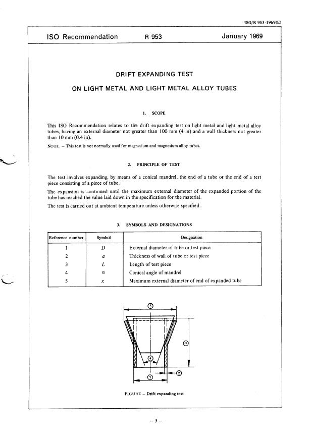 ISO/R 953:1969 - Drift expanding test on light metal and light metal alloy tubes