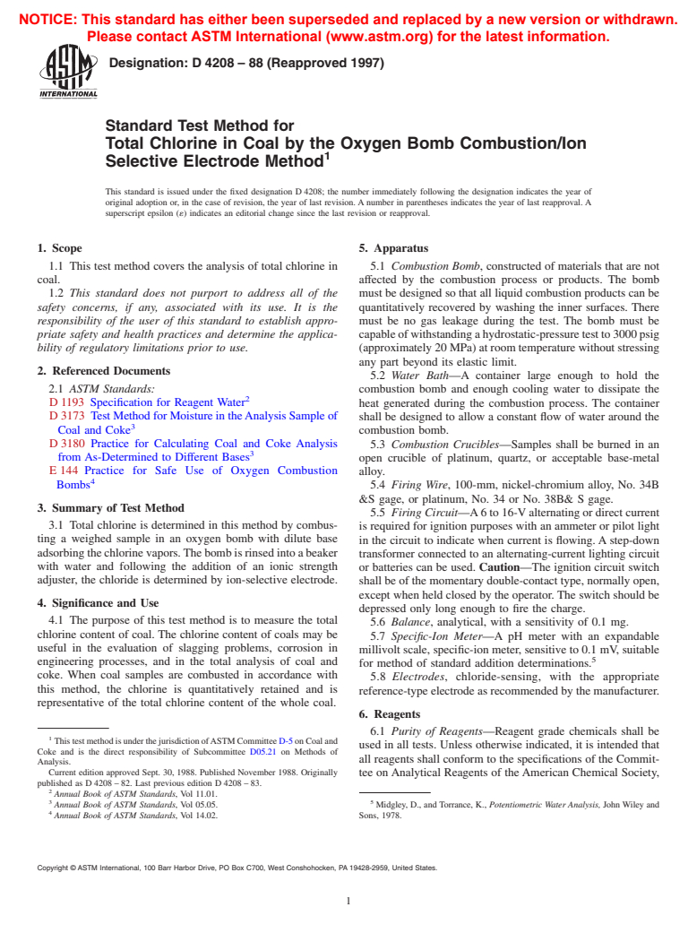 ASTM D4208-88(1997) - Standard Test Method for Total Chlorine in Coal by the Oxygen Bomb Combustion/Ion Selective Electrode Method
