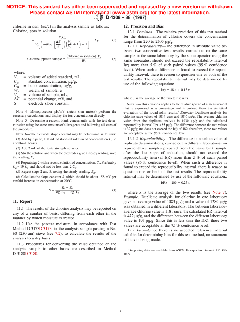 ASTM D4208-88(1997) - Standard Test Method for Total Chlorine in Coal by the Oxygen Bomb Combustion/Ion Selective Electrode Method
