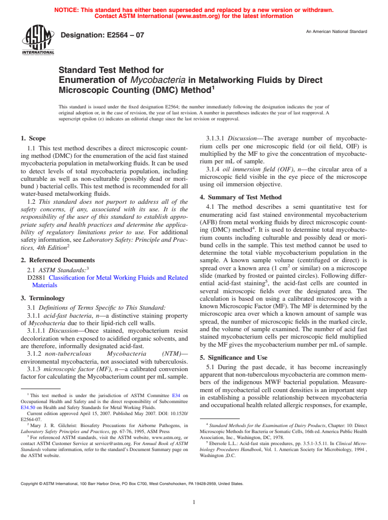 ASTM E2564-07 - Standard Test Method for Enumeration of <i>Mycobacteria</i> in Metalworking Fluids by Direct Microscopic Counting (DMC) Method