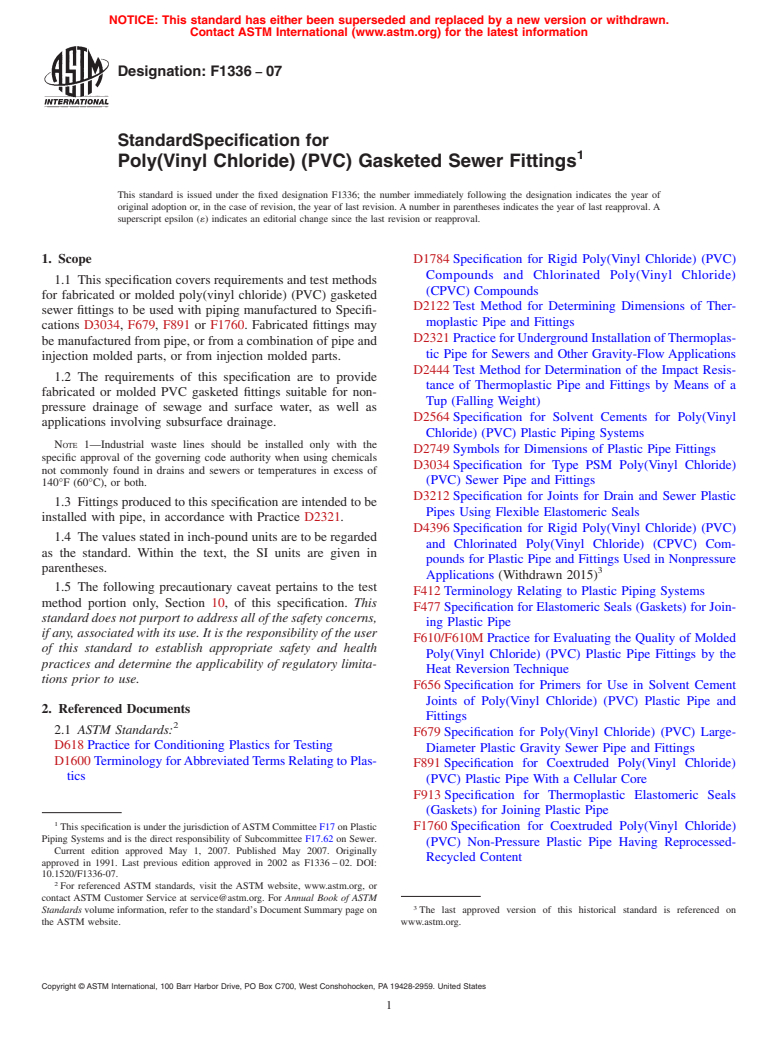 ASTM F1336-07 - Standard Specification for Poly(Vinyl Chloride) (PVC) Gasketed Sewer Fittings