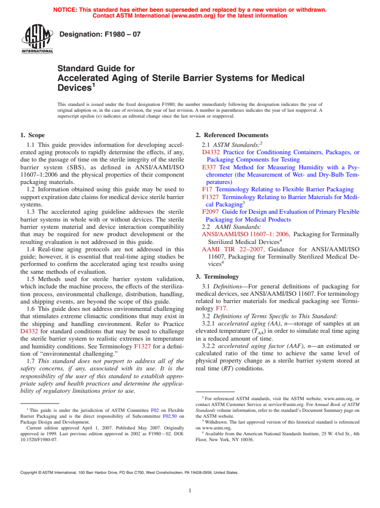 ASTM F1980-07 - Standard Guide for Accelerated Aging of Sterile Barrier Systems for Medical Devices