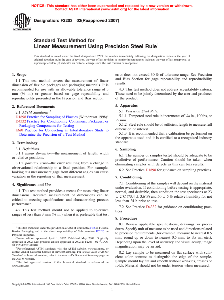 ASTM F2203-02(2007) - Standard Test Method for Linear Measurement Using Precision Steel Rule