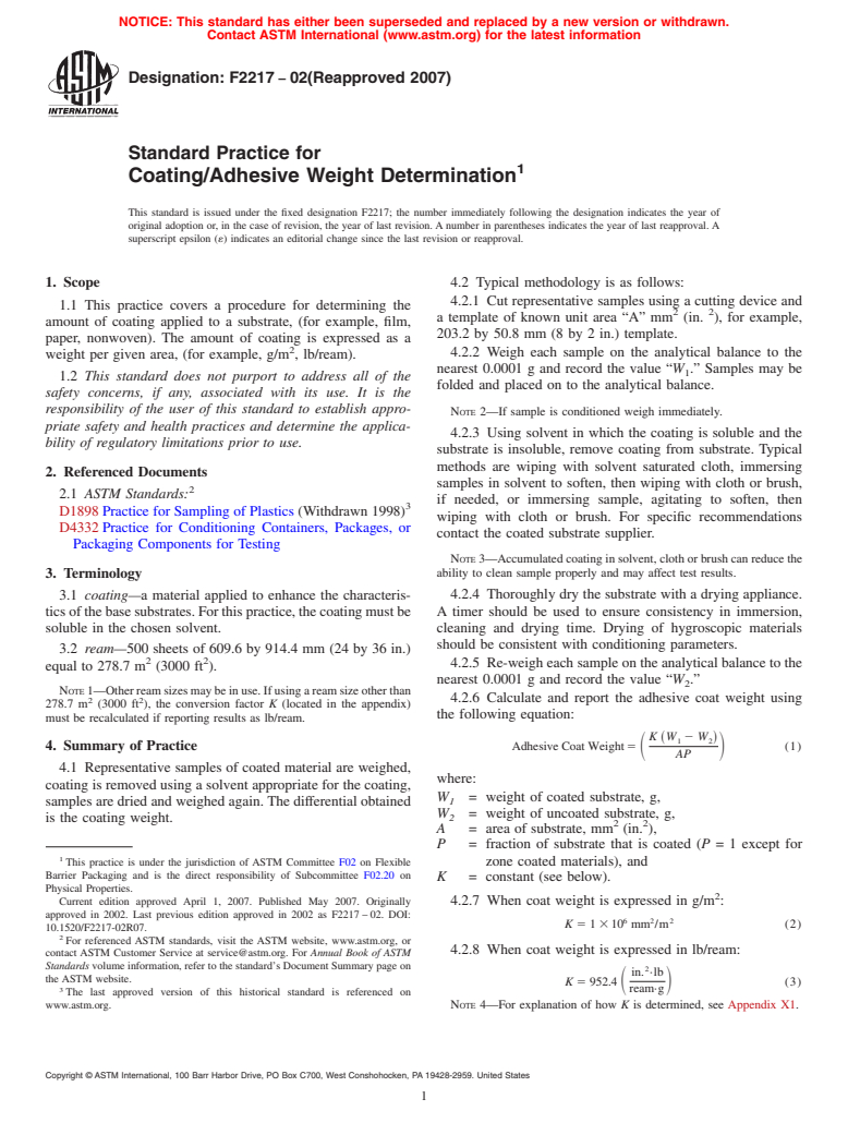 ASTM F2217-02(2007) - Standard Practice for Coating/Adhesive Weight Determination