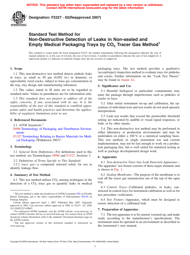 ASTM F2227-02(2007) - Standard Test Method for Non-Destructive Detection of Leaks in Non-sealed and Empty Medical Packaging Trays by CO<sub>2</sub> Tracer Gas Method