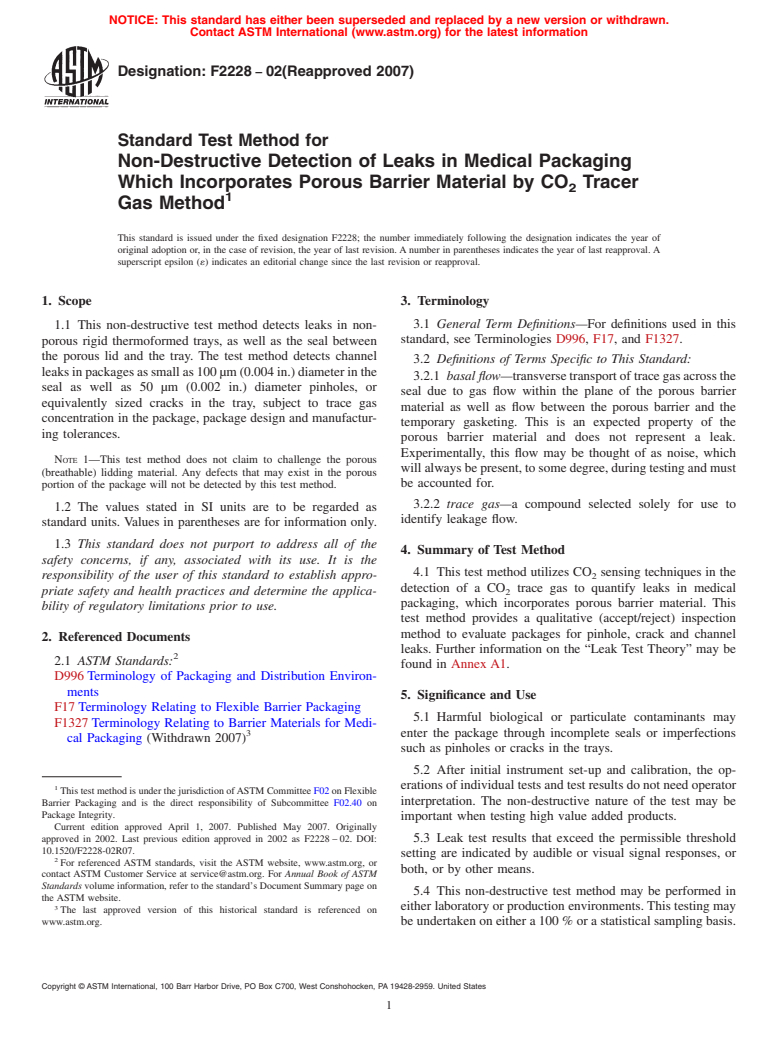 ASTM F2228-02(2007) - Standard Test Method for Non-Destructive Detection of Leaks in Medical Packaging Which Incorporates Porous Barrier Material by CO<sub>2</sub> Tracer Gas Method