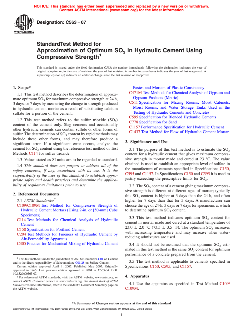 ASTM C563-07 - Standard Test Method for Approximation of Optimum SO<sub>3</sub> in Hydraulic Cement Using Compressive Strength