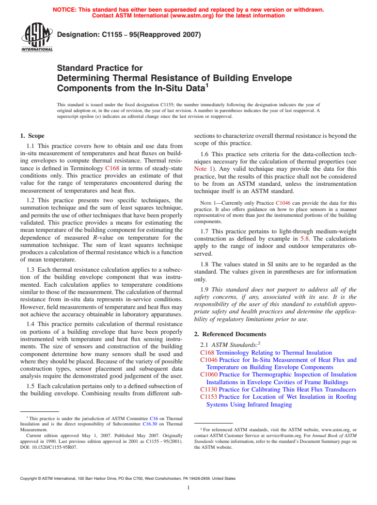 ASTM C1155-95(2007) - Standard Practice for Determining Thermal Resistance of Building Envelope Components from the In-Situ Data