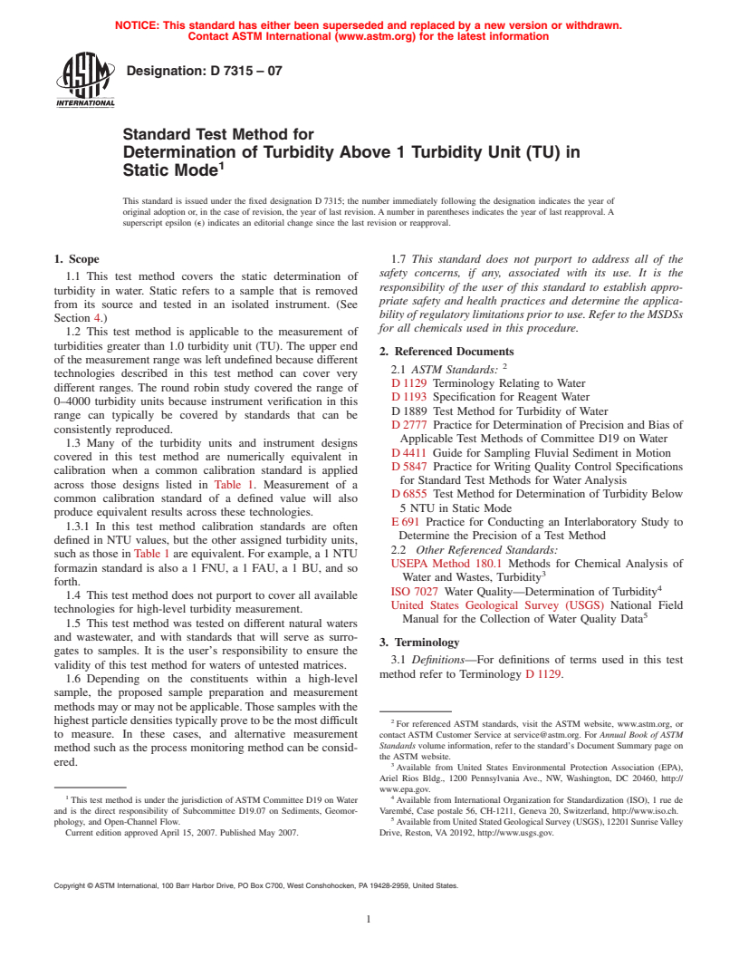 ASTM D7315-07 - Standard Test Method for Determination of Turbidity Above 1 Turbidity Unit (TU) in Static Mode