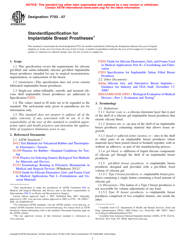 ASTM F703-07 - Standard Specification for Implantable Breast Prostheses (Withdrawn 2016)