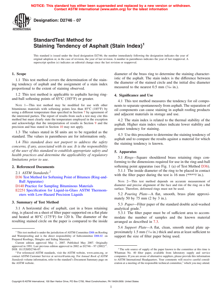 ASTM D2746-07 - Standard Test Method for Staining Tendency of Asphalt (Stain Index)