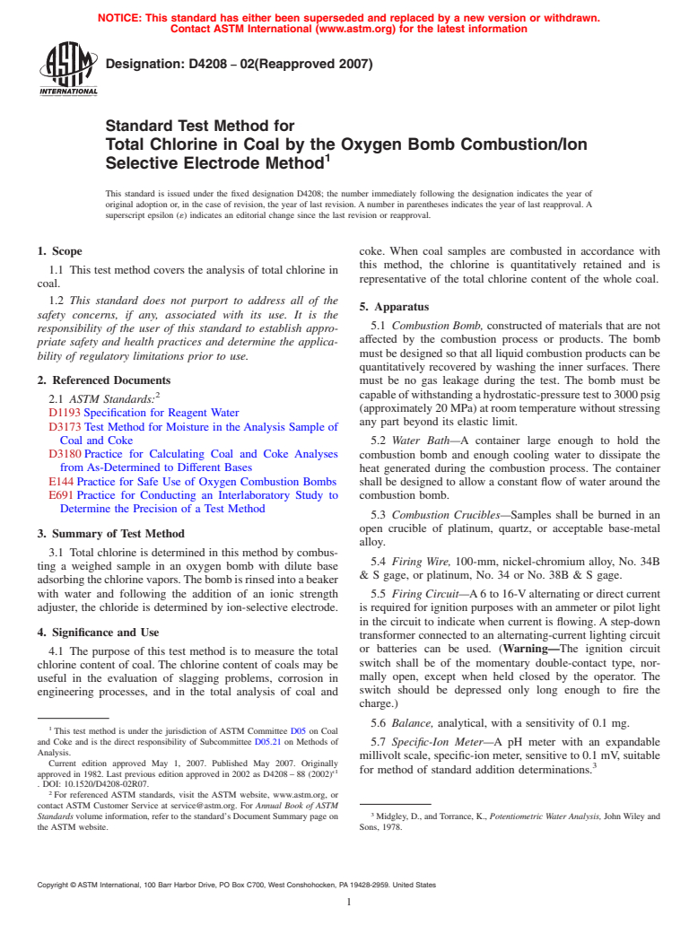 ASTM D4208-02(2007) - Standard Test Method for Total Chlorine in Coal by the Oxygen Bomb Combustion/Ion Selective Electrode Method