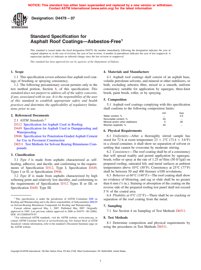 ASTM D4479-07 - Standard Specification for Asphalt Roof Coatings&#8212;Asbestos-Free