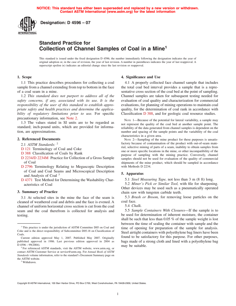 ASTM D4596-07 - Standard Practice for Collection of Channel Samples of Coal in a Mine