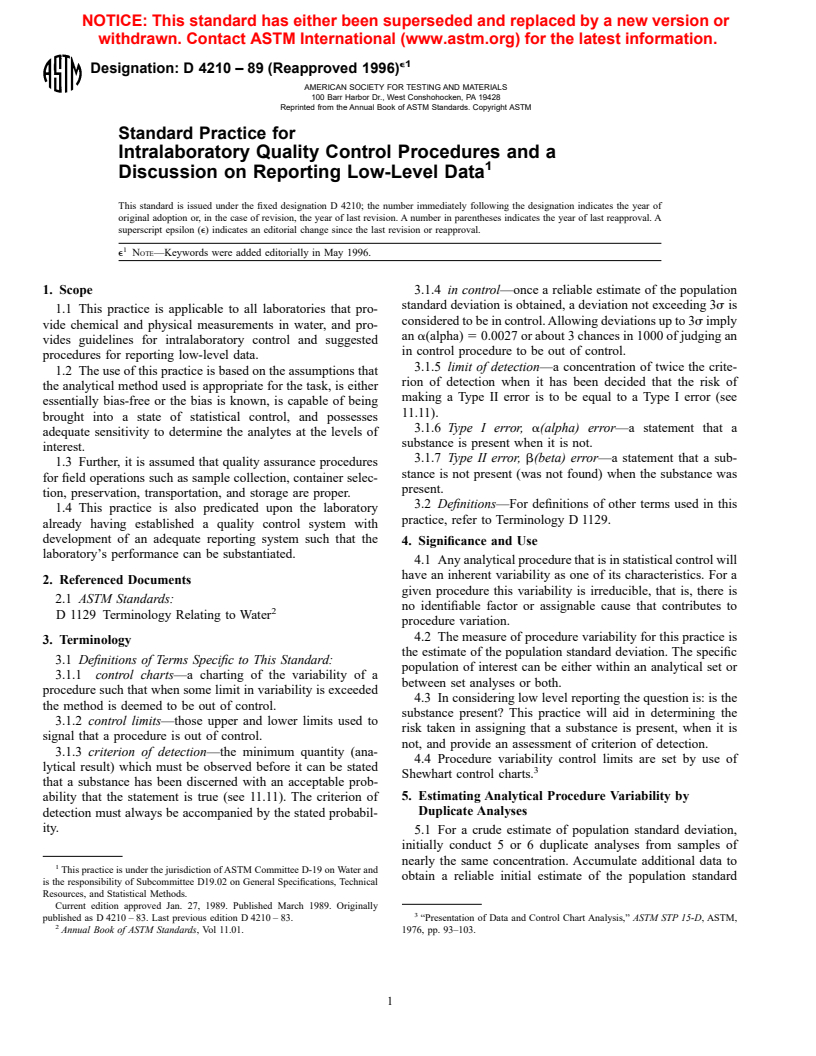 ASTM D4210-89(1996)e1 - Standard Practice for Intralaboratory Quality Control Procedures and a Discussion on Reporting Low-Level Data (Withdrawn 2002)