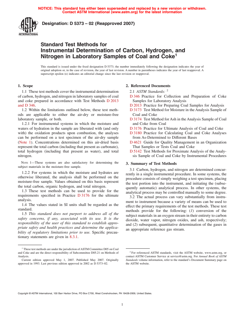 ASTM D5373-02(2007) - Test Methods for Instrumental Determination of Carbon, Hydrogen, and Nitrogen in Laboratory Samples of Coal and Coke