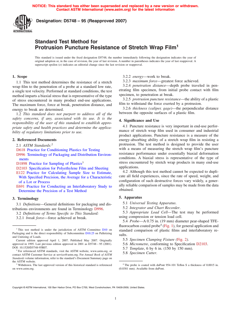 ASTM D5748-95(2007) - Standard Test Method for Protrusion Puncture Resistance of Stretch Wrap Film